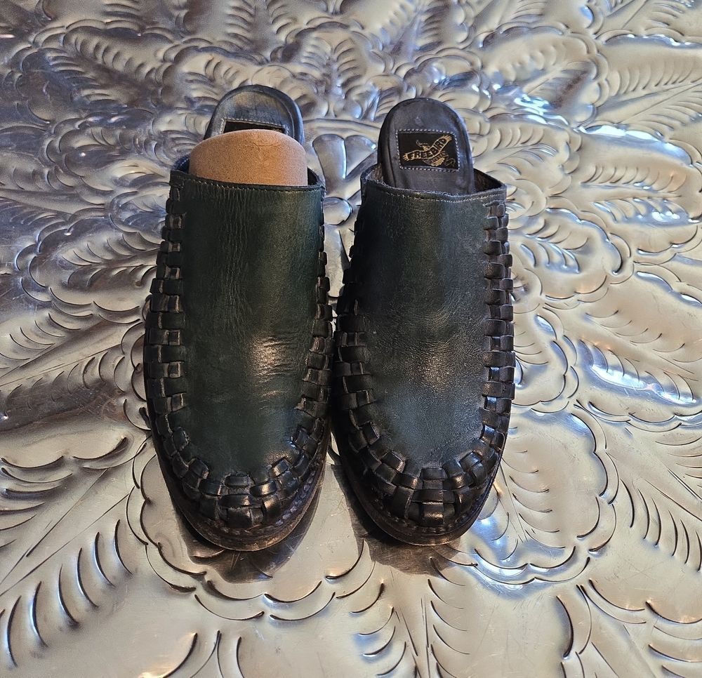 Freebird by Steven Dark Navy Blue Distressed Woven Leather Mule Clogs